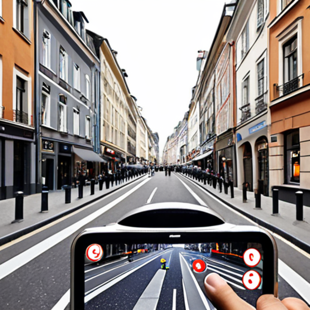 A sleek augmented reality headset displaying interactive navigation arrows overlaid on a bustling European city street. The user is casually dressed, seamlessly blending technology with everyday life. Emphasize the clarity of the AR display and the ease of use in a real-world setting.