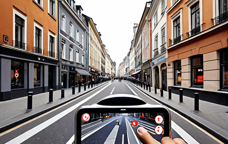 A sleek augmented reality headset displaying interactive navigation arrows overlaid on a bustling European city street. The user is casually dressed, seamlessly blending technology with everyday life. Emphasize the clarity of the AR display and the ease of use in a real-world setting.