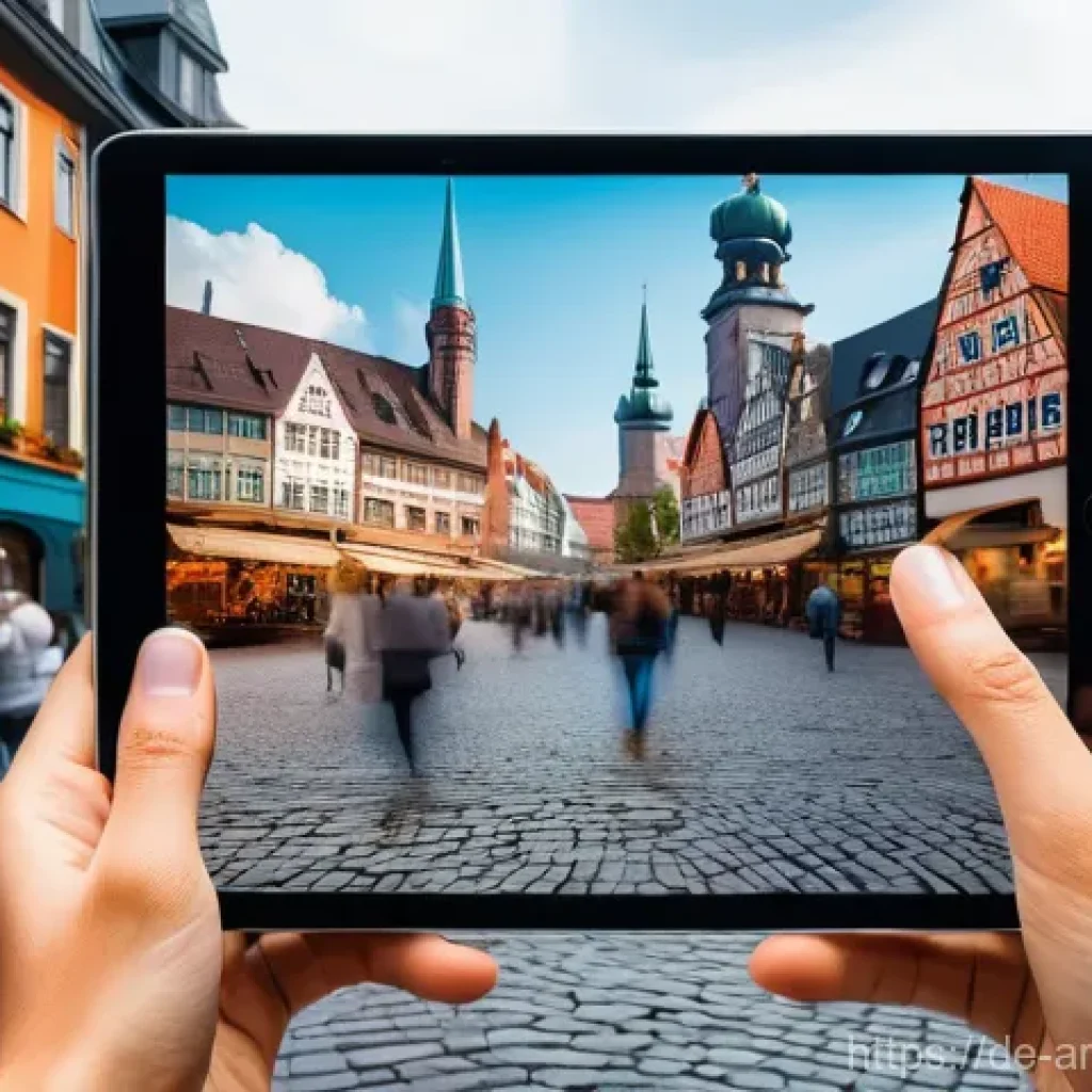 증강현실을 통한 지역 문화 체험 프로그램 - **Augmented Reality Time Travel in a Historic German City:** A person, aged around 25-35, stands on ...