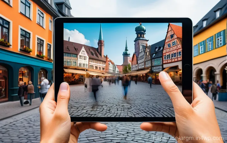 증강현실을 통한 지역 문화 체험 프로그램 - **Augmented Reality Time Travel in a Historic German City:** A person, aged around 25-35, stands on ...