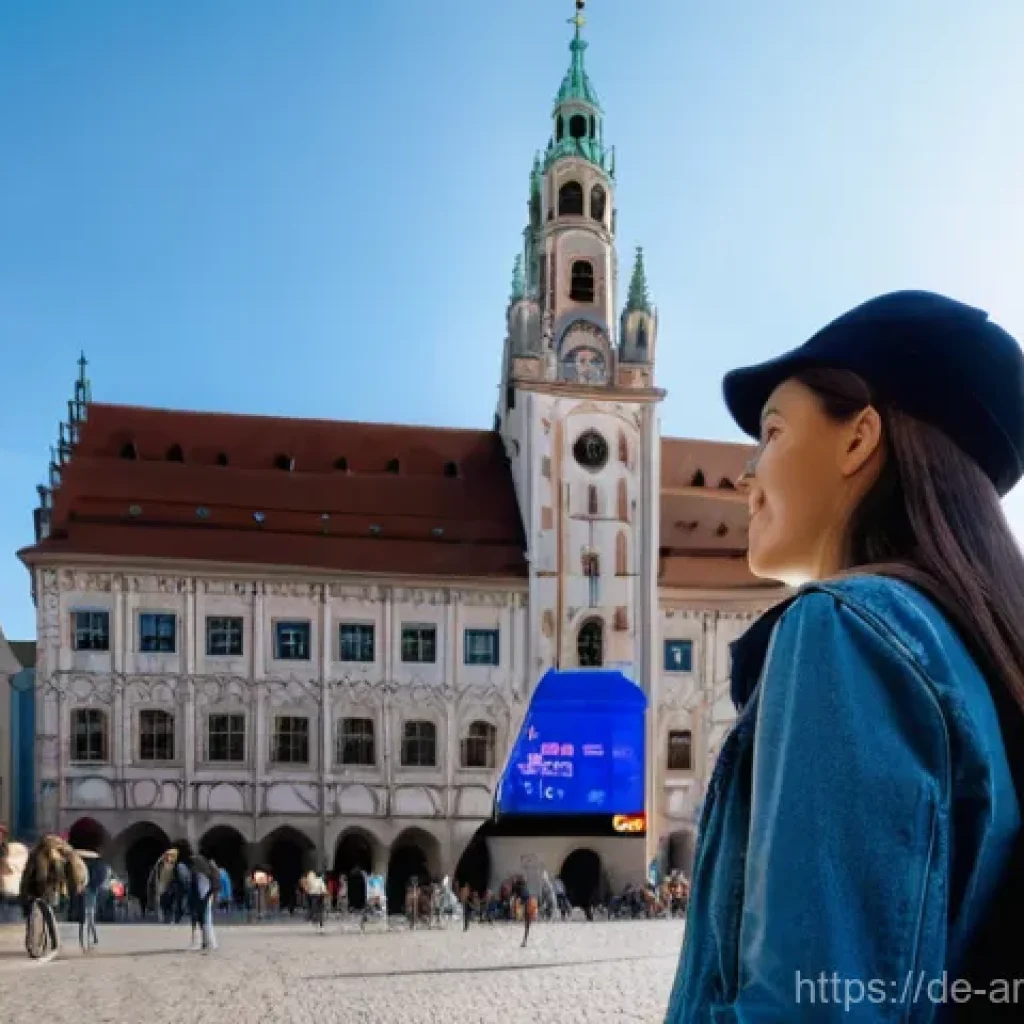 증강현실을 통한 실시간 정보 제공 사례 - **Urban AR Exploration in Munich's Historic Center**
    A vibrant, sunlit scene in Munich's Marienp...