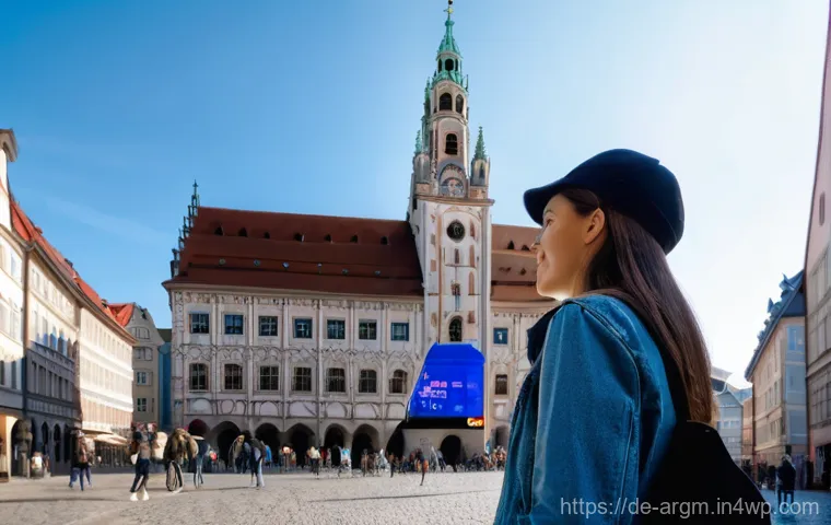 증강현실을 통한 실시간 정보 제공 사례 - **Urban AR Exploration in Munich's Historic Center**
    A vibrant, sunlit scene in Munich's Marienp...
