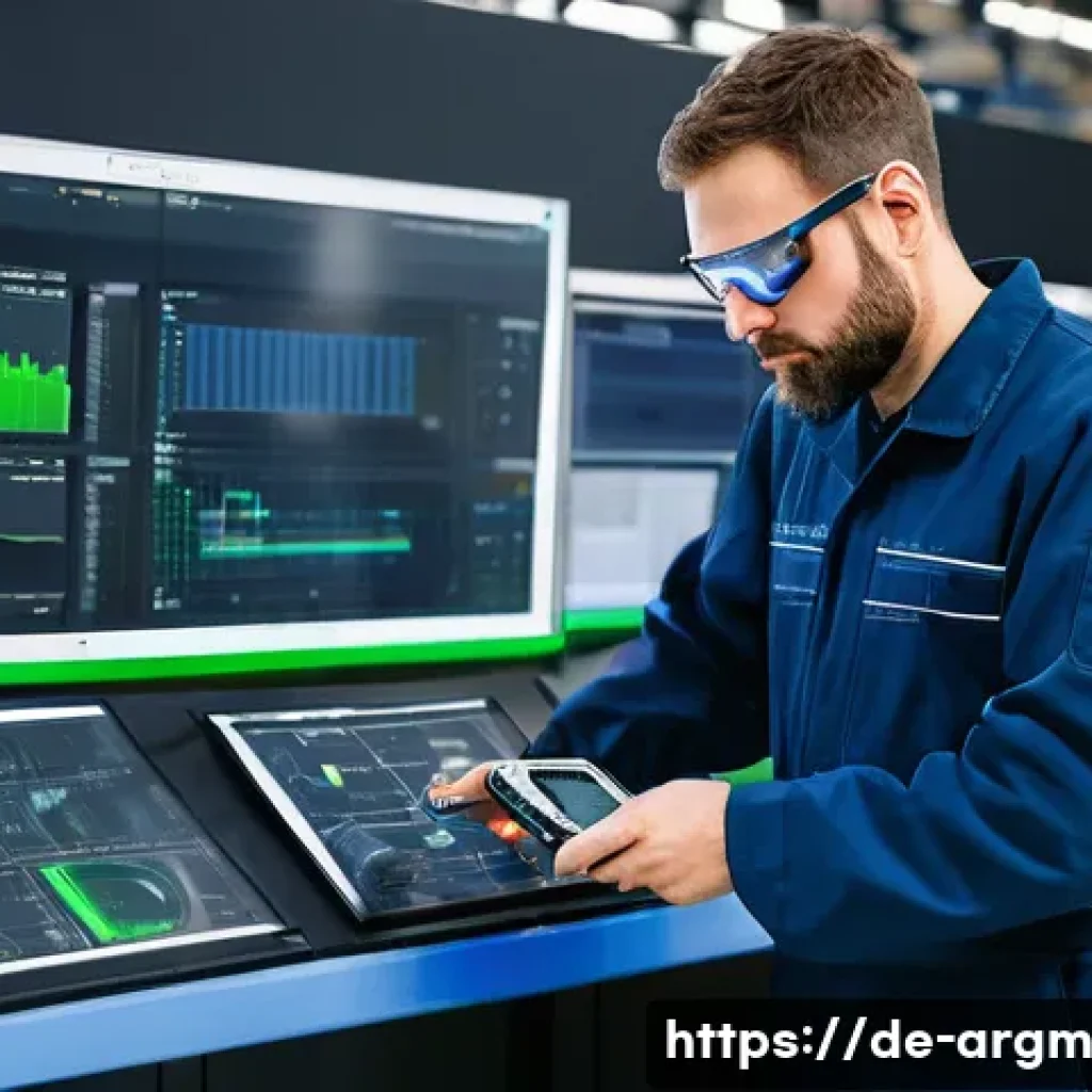 증강현실을 활용한 창의적 문제 해결 사례 - **Prompt:** A focused male service technician, in his mid-30s, with a serious but determined express...