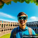 Home 17 증강현실을 활용한 관광 경험 혁신 - A vibrant scene of a tourist wearing modern AR glasses standing in front of the reconstructed Roman ...