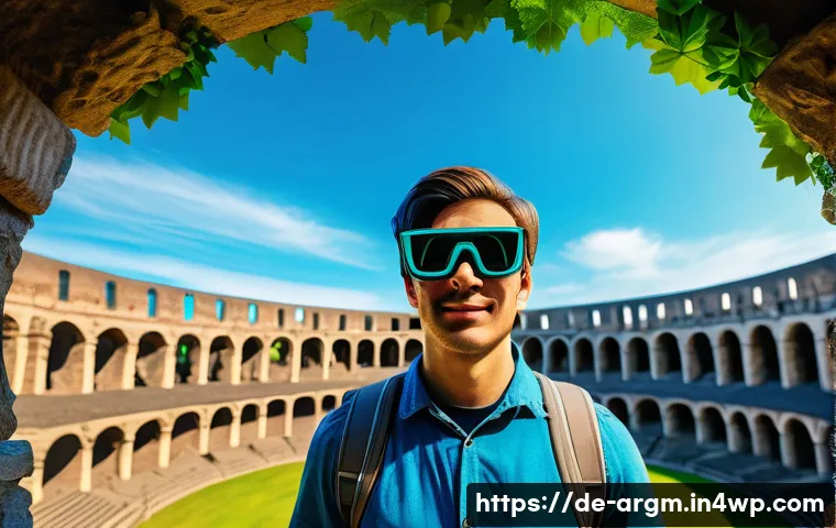 증강현실을 활용한 관광 경험 혁신 - A vibrant scene of a tourist wearing modern AR glasses standing in front of the reconstructed Roman ...