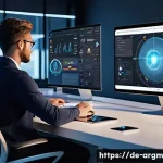 Home 16 증강현실을 위한 콘텐츠 제작 플랫폼 비교 - A modern, sleek workspace scene featuring a diverse group of professionals collaborating on augmente...