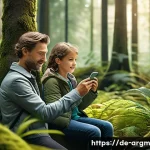 Home 21 증강현실을 활용한 동물 보호 사례 - A realistic augmented reality scene showing a young German family using smartphones to experience vi...