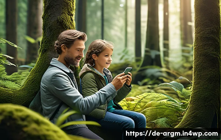 증강현실을 활용한 동물 보호 사례 - A realistic augmented reality scene showing a young German family using smartphones to experience vi...