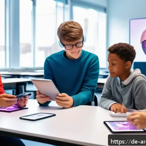 Home 32 증강현실을 통한 글로벌 네트워킹 사례 - A modern German classroom scene showing diverse students using augmented reality headsets to explore...