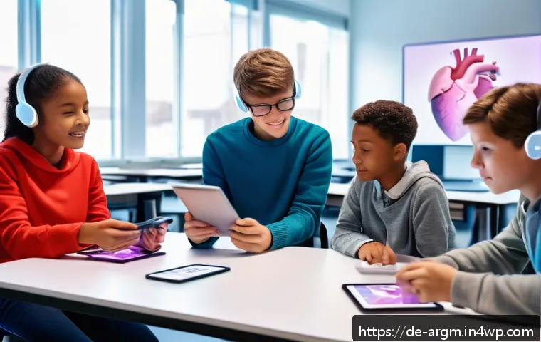 증강현실을 통한 글로벌 네트워킹 사례 - A modern German classroom scene showing diverse students using augmented reality headsets to explore...