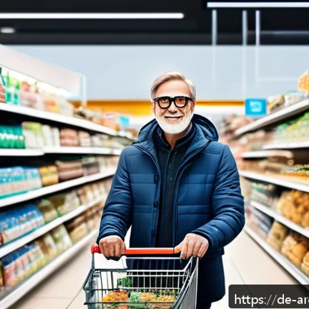 증강현실 일상 통합의 장점과 단점 - A modern German supermarket scene featuring a middle-aged man using augmented reality glasses to nav...