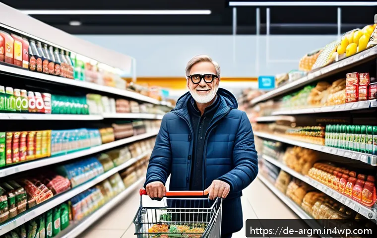증강현실 일상 통합의 장점과 단점 - A modern German supermarket scene featuring a middle-aged man using augmented reality glasses to nav...