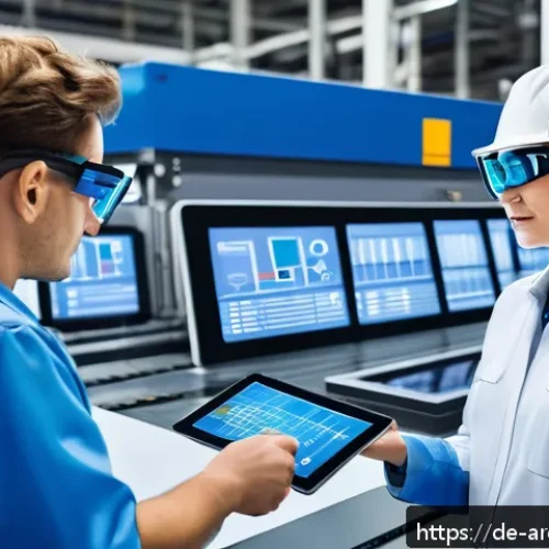 Home 30 증강현실과 빅데이터의 통합 사례 - A modern industrial factory floor with workers wearing AR glasses and smart tablets displaying real-...