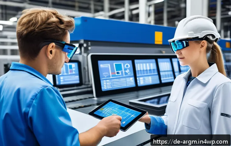 증강현실과 빅데이터의 통합 사례 - A modern industrial factory floor with workers wearing AR glasses and smart tablets displaying real-...