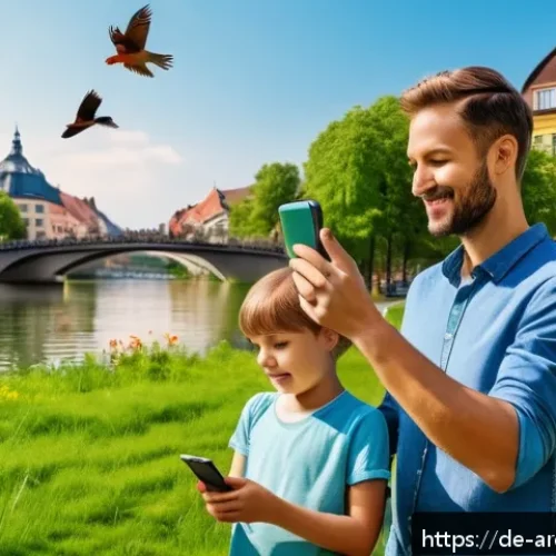 Home 17 증강현실 기술의 환경적 영향 - A vibrant scene in a German urban park where a diverse family with children uses augmented reality o...