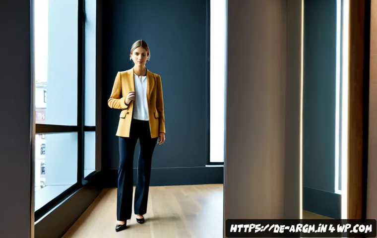 증강현실 기반의 스마트 패션 기술 - Photorealistic modern fashion boutique in Berlin, a stylish adult woman wearing a tailored neutral-t...